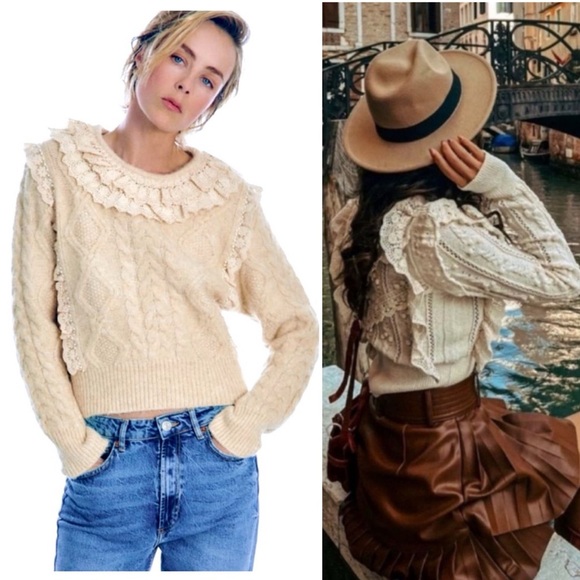 Zara Sweaters - BOGO! ZARA Lace Ruffle Collar Pearl Cable Knit Sweater Cream Small